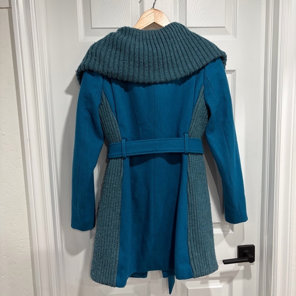 Anthropologie Elevenses Teal Coat Ribbed Collar Belt Wool Blend Boho - Picture 15 of 15